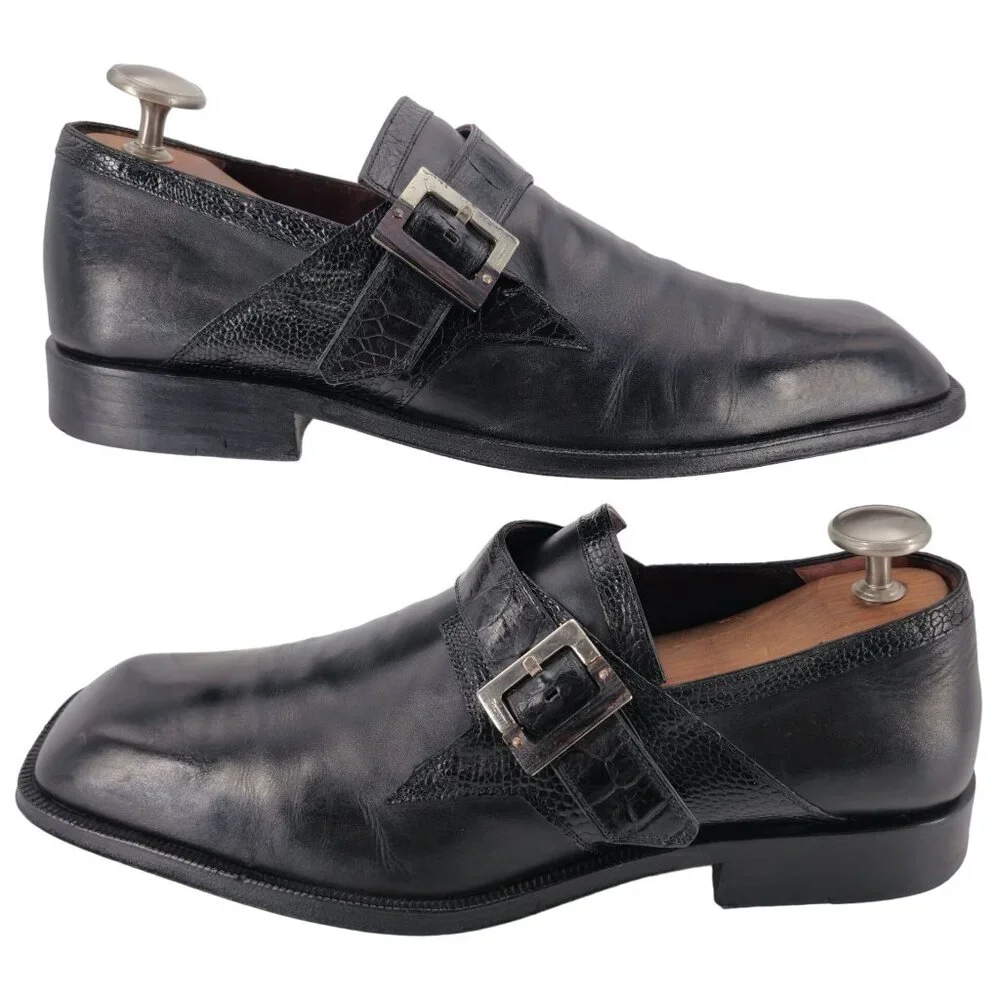 Cesare Paciotti Mens 12 Italy Black Leather Alligator Monk Loafers Dress Shoes - Picture 10 of 12